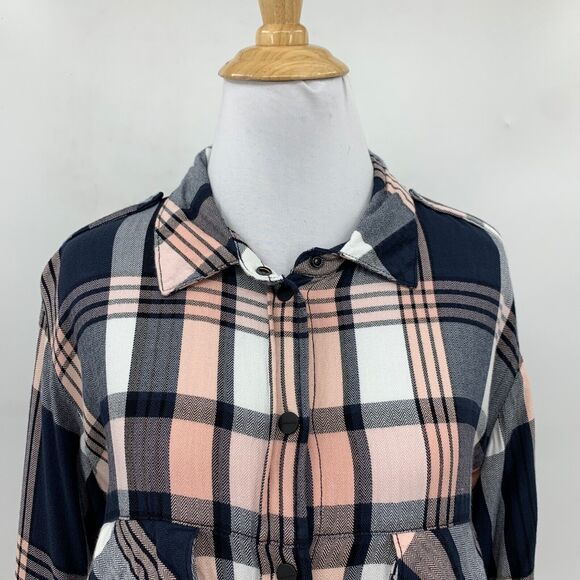 Sanctuary Shirt Womens S Small Navy Pink Chevron Plaid Snap Button Boyfriend - Picture 3 of 12